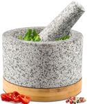 Heavy Duty Mortar and Pestle Set with Bamboo Base, Large 2 Cups, 100% Natural Granite Mortar and Pestle Large Stone Grinder Bowl, Molcajete Bowl, Masher Guacamole Bowls, Unpolished Grey