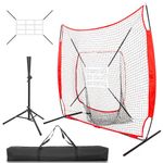 AKOZLIN Baseball Softball Practice Net with Tee 7'×7' Batting Net and Softball Practice Net Hitting & Pitching Net Trainer with Bow Frame, Carry Bag and 2 Bonus Strike Zone Collapsible and Portable