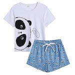 MyFav Women's Short Pyjamas Set Summer Cute Panda Short Sleeve Top Pajama shorts 2 Pcs Pjs Sleepwear Loungewear,Blue Panda,XL