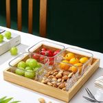 RAAHA Wooden Tray with Glass Bowls Set of 4 PC for Serving Dry Fruit, Sweets, Chips, Cookies Other Snacks, Decorative Plate for bar Table Party Home Restaurant