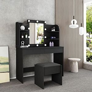 Luxsuite Makeup Table Set Vanity Dressing Table & Stool with Lights Mirror and Drawers Black