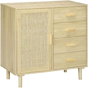 HOMCOM Aparador de Salón Estilo Cannage Buffet de Cocina con Puerta de Ratán 4 Cajones y Patas de Madera de Pino para Pasillo Entrada 80x38x80,5 cm Natural