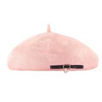 Hair Drama Women's Handcrafted Stylish Cherry Blossom Pink Winter Woolen Beret Cap Embellished with Black Ribbed Ribbon, Dazzling White Crystals & Baby Pink Heart Charm