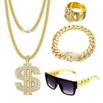 WUERKIYA 4 PCS Dollar Sign Pendant Necklace Ring Set,Metal Chain Necklace Bracelet Sunglasses,80s/90s Hip Hop Costume Kit Hip Hop Rapper Costume Jewelry Punk Style for Men Women?A?