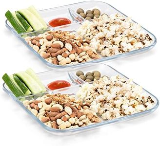 Navaris Glass Divided Plates (Set of 2) - 4 Section Divider Snack Plate for Adults, Serving, Portion Control - Square Clear Platter with Food Dividers