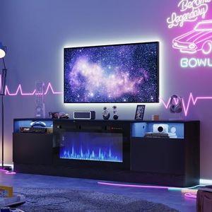 Breezestival Meuble TV de cheminée avec deux portes à charnière pour téléviseurs jusqu'à 90", centre de divertissement moderne avec lumières LED et armoires de rangement, support TV pour salon de