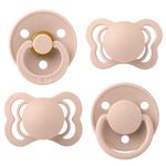 BIBS Try-it Soother 4-Pack. BPA Free, Round, Symmetrical and Orthodontic Nipple. Natural Rubber/Silicone, Size 1 (0-6 Months), Blush