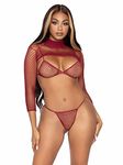 Leg Avenue Women's 3 Pc Fishnet Bikini and Crop Top Set, Burgundy, O/S, Burgundy, One Size