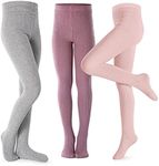 Girls Tights Toddler Cable Knit Cotton Footed Seamless Dance Ballet Baby Girls' Leggings 3 Pack, Pink/Grey/Purple, 9-10 Years