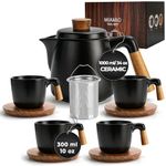 MIAMIO – 1000 ml Ceramic Tea Pot Set with Infuser and Cups/Tea Strainer, 4 Ceramic Tea Mugs (300 ml), Bamboo Saucers/Handle for Home and Office (Black)