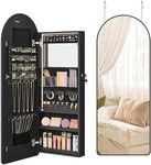 SONGMICS Wide Jewelry Organizer, LED Jewelry Cabinet Wall/Door Mounted, Arched Mirror with Storage, Lockable, Rounded Corner, Interior Mirror, 3.9 x 16.5 x 42.5 Inches, Ink Black UJJC020B01