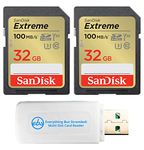 SanDisk Extreme 32GB 2 Pack SD Memory Card Works with Digital Camera, Computer, and Trail Cameras (SDSDXVT-032G-GNCIN) Bundle with Everything But Stromboli Micro & SD Card Reader & Micro Fiber Cloth