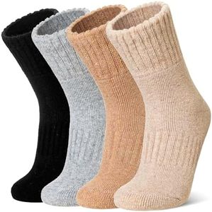 WEVIAS Kids Merino Wool Socks Hiking Ski Boot Winter Thermal Warm Toddler Boys Girls Cozy Socks 4 Pairs (Khaki/Grey/Black/Light Khaki, 8-12 Years)