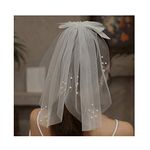 Campsis Wedding Bridal Veil with Comb White Short Bow Knot Tulle Veils Bride Pearl Veil Hair Accessories for Women and Girls