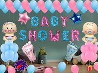 Party Station Pack of 57 pcs Baby Shower Decor Combo - 1 set of Baby Shower Multi Colour foil + 2 pcs of baby foil + 2 pcs of footprint foil + 2 pcs of star foil + 40 blue and pink latex balloon + 1 Air pump