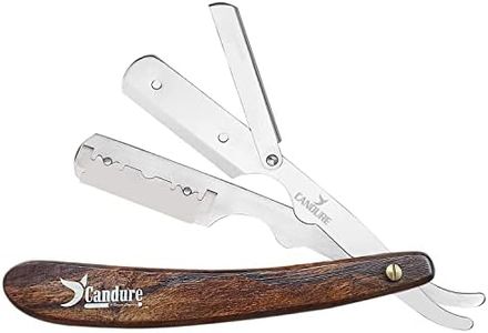 Candure Navaja Afeitar Barbero Profesional Recta para Afeitado Tradicional Afeitar Afeitado Mango de madera Plegable de Barbero con 10 Cuchillas
