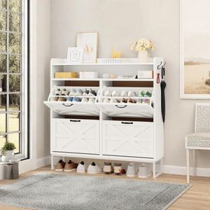 YITAHOME Farmhouse Shoe Storage Cabinet for 24 Pairs with 4 Flip Drawers, Freestanding Shoe Organizer for Entryway, Narrow Slim Shoe Rack Cabinet for Living Room, Hallway (White)