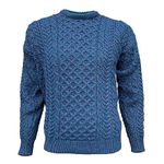 Inisheer Aran Wool Sweater - Unisex Jumper - Crew Neck - 100% Merino Wool - Made in Ireland - Irish Handcrafted (Size - l, Blue Atlantic)