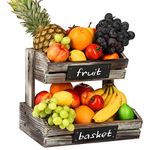 J JACKCUBE DESIGN Farmhouse Décor Rustic Wood 2 Tier Fruit Basket with Chalkboards, Vegetable and Produce Storage Bin Display Stand, Wooden Box for Bread, Snack, Countertop Organizer - MK568A