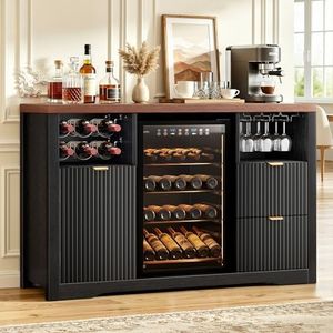 Leteuke Coffee Bar Cabinet with Fridge Space, 53" L Kitchen Wine Cabinets with Storage Drawer, Wood Buffet Sideboard Table Station, Fluted Liquor Cabinet with Wine Rack for Home, Living Room-Black