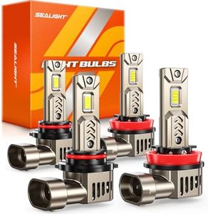SEALIGHT 9005/HB3 H11/H9/H8 LED Bulbs Combo, 12X 90000LM Super Brighter than Original Bulb, 1:1 Mini Size, 6500K Cool White, 70000Hrs Long Lifespan, 3MIN Plug and Play, Pack of 4