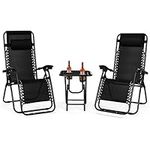 COSTWAY Folding Zero Gravity Chairs, 3 Piece Adjustable Sun Lounger Recliner Table Set with Headrest and Cup Holder, Outdoor Leisure Deck Chairs for Garden Patio Poolside (Black)