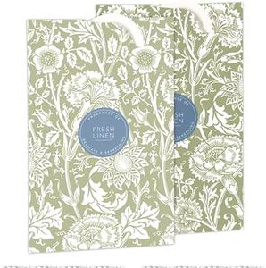 The Master Herbalist Fragrant FRESH LINEN Scented Wardrobe Freshener Sachets in a WILLIAM MORRIS Design in SAGE GREEN | Pack of 2
