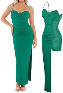 Popilush Womens Long Maxi Dresses Ruched Spaghetti Straps Shapewear Dresses Formal Cocktail Party Dress Green