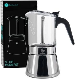 Coffee Gator 9 Cup Moka Pot, 12.2 Oz Stovetop Espresso Maker for Italian Coffee, Transparent Glass & Stainless Steel Design, Silver, 360ml