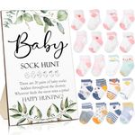 21 Pcs Baby Shower Games Include Baby Sock Hunt Sign and 20 Pair Small Cotton Baby Socks Wooden Greenery Table Sign with Holder Baby Shower Game Prize for Boy and Girl Gender Reveal Party Favors