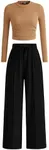 BTFBM Casual 2 Piece Sets For Women Fall Outfits Ribbed Knit Long Sleeve Crop Top Wide Leg Pants Matching Lounge Set(Solid Camel Black, Medium)