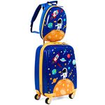 GYMAX 2Pc Kid Carry On Luggage Set, 12" & 18" Kids Suitcase with 4 Spinner Wheels, Travel Rolling Trolley (Astronaut)