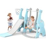 EAQ 4-in-1 Slide and Swing Set with Climber and Basketball Hoop,Play Climber Slides Playset for Indoor & Backyard ，Gifts for Toddlers(Blue)