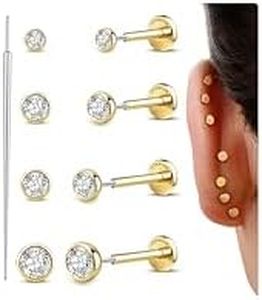 GEMQUEEN G23 Titanium Flat Back Earrings Hypoallergenic : 14K Gold Plated Threadless Bezel Earring 16G Cartilage Helix Tragus Conch Piercing Jewelry Small Nose Lip Labret Studs for Women Men 4 Pairs