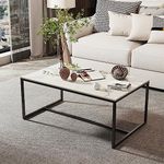 FATIVO Rectangle Coffee Tables Sintered Stone: White Coffee Tables 100cm Long White Marble Table Top with Sturdy Metal Legs Modern Couch Center Tables for Living Room Furniture Decor