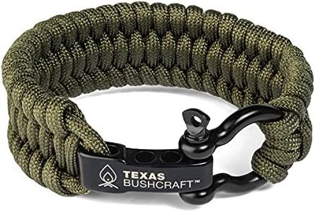 Texas Bushcraft Firecraft Cord Survival Bracelet – Paracord Bracelet with Bow Shackle for Camping and Emergency – 3 Extra Strands Include Wax Thread, Tinder, and Fishing Line (Army Green, L)