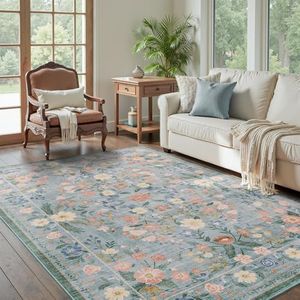 AMOAMI Vintage Floral 5x7 Area Rugs for Living Room Rug, Machine Washable Rug Non Slip Large Area Rug for Bedroom Indoor Low Pile Carpet Ultra Soft Boho Rugs for Dining Room Playroom Office, Green