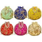 Ankit Traders Embroided Leaf Floral Design With Small Moti Handle Potli Batwa Bag Bridal Purse Women Handbag Shagun Pouch Return Gifts Beads Handle(Pack Of 12), Multicolor