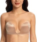 Lemorosy Women's Strapless Bra Push up Lift Support Wireless Deep U Bras (Beige 34A)