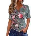 Teen Girl Gifts Summer Tops for Women Vacation Trendy Button V Neck Short Sleeve T Shirts Casual Loose Floral Print Comfy Cute Clothes