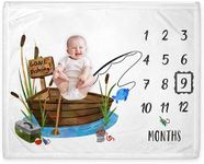 Popfavors Fishing Baby Monthly Milestone Blanket, Gone Fishing Baby Boy Growth Chart Milestone Photo Blanket, Fishing Boat Newborn, Includes Marker (50x40)