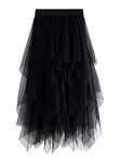 YILEEGOO Women's Tulle Skirt High Waist Tiered Layered Mesh Ballet Prom Party Tulle Tutu A-line Midi Skirt (Black, ONE SIZE)