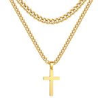 Zocomi Layered Cross Necklace for Men Boys Stainless Steel Cross Pendant Cuban Link Chain Religious Christian Gift (Gold)