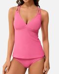 HAIVIDO Tankini Swimsuits for Women Criss Cross Back V Neck Tankini Top with Side Cut Out Bikini Bottom Two Piece Bathing Suits Ribbed Pink L
