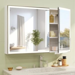 White Bathroom Mirror Cabinet with LED Lights, 2 Doors Aluminum Medicine Cabinet with Touch Switch & Anti-Fog, LED Lighted Wall Mounted Bathroom Vanity Mirror Storage Cabinet, 31.5''W x 23.6''H