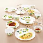 Larah By Borosil Green Leaves Silk Series Opalware Dinner Set with Glasses 35 Pcs for Family of 6, Microwave & Dishwasher Safe, Bone-Ash Free, Crockery Set for Dining & Gifting, Plates & Bowls, White