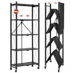 DEANIC 5-Shelf Foldable Storage Shelves with Wheels, Heavy Duty Shelving Unit, Freestanding Metal Wire Shelf Rack, No Assembly Organizer Rack for Garage Kitchen, Basement, Pantry, Black