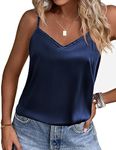 Ekouaer Women's Lace Silk Satin Pajama Tank Tops V Neck Camisole Soft Spaghetti Strap Tops Loose Sleepwear Navy Blue XX-Large