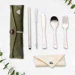 Rusabl (Pack of 6, Green) Stainless Steel Cutlery Set, Reusable Travel for Daily Use, Gifting and Traveling, Spoon and Fork Set (Spoon, Fork, Knife, Steel Straw, Cleaner, Napkin and Jute Pouch