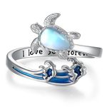 Sea Turtle Ring 925 Sterling Silver Turtle Ocean Open Ring Tortoise Rings I Love You Forever Beach Hawaii Jewelry Birthday Gifts for Women, Sterling Silver, Moonstone